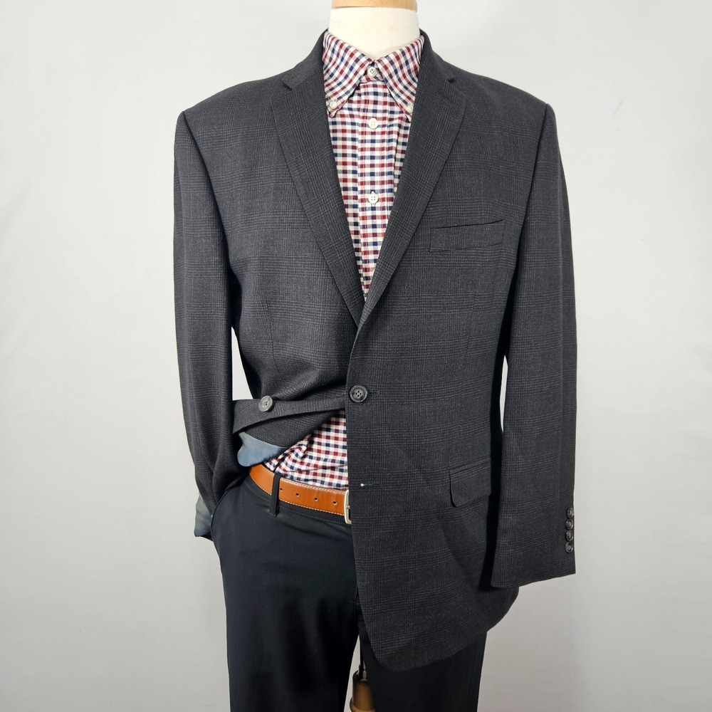 Calvin Klein Men's Sport Coat Blazer Two Button Charcoal Plaid Wool Size 42R